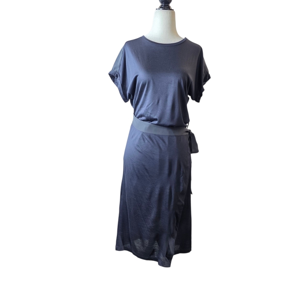 Scotch & Soda Black Crew Neck wrap skirt Dress with satin shoulder accent